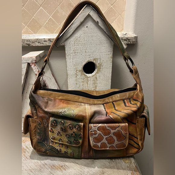Anuschka Leather Print Artistic Hand painted Shoulder Bag - Picture 1 of 12